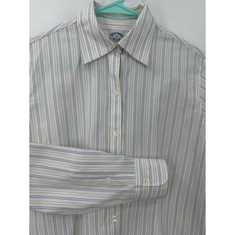 Vtg Brooks Brothers Petite 4P Non-Iron Stretch Button Down Shirt Blue Tan Stripe